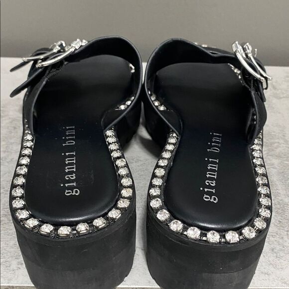 Gianni Bini Black Leather Rhinestone Buckle Sandals - Picture 8 of 14